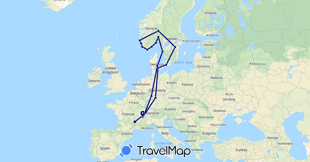 TravelMap itinerary: driving in Switzerland, Germany, Denmark, France, Norway, Sweden (Europe)